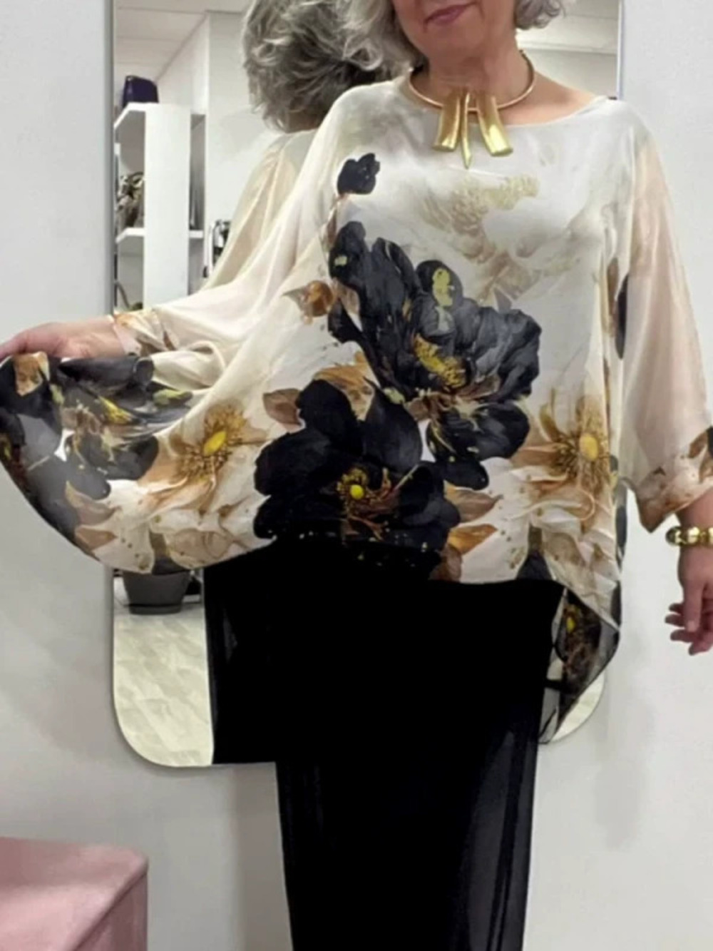 ZARA Summer Loose Round Neck Long Sleeve Asymmetric Floral Blouse